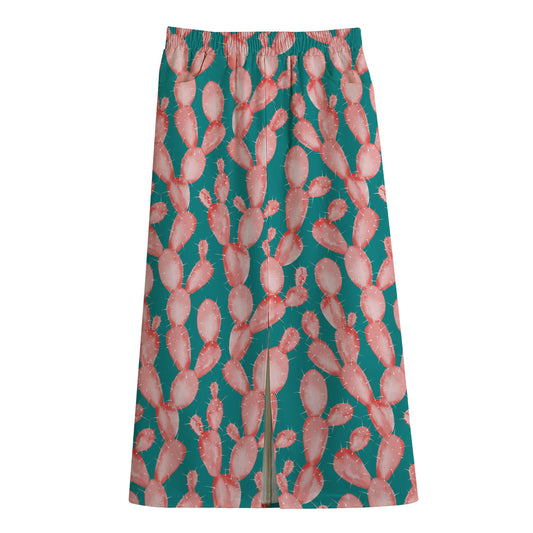 Pink Cactus Pattern Print Cotton Front Slit Maxi Skirt