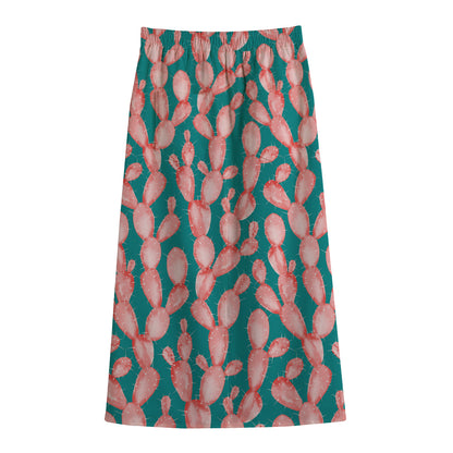 Pink Cactus Pattern Print Cotton Front Slit Maxi Skirt