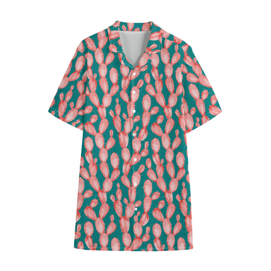 Pink Cactus Pattern Print Cotton Hawaiian Shirt