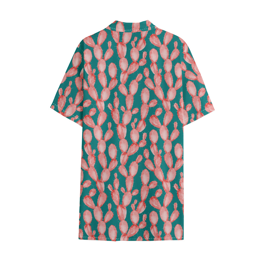 Pink Cactus Pattern Print Cotton Hawaiian Shirt