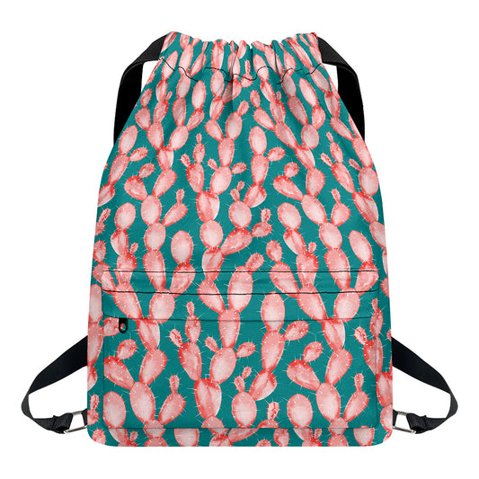 Pink Cactus Pattern Print Drawstring Backpack