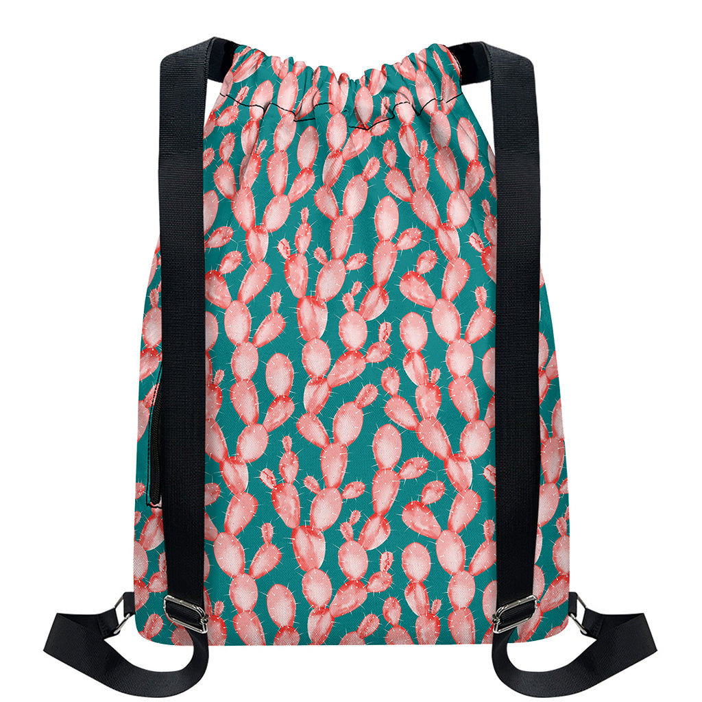 Pink Cactus Pattern Print Drawstring Backpack