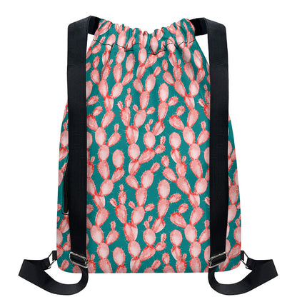 Pink Cactus Pattern Print Drawstring Backpack
