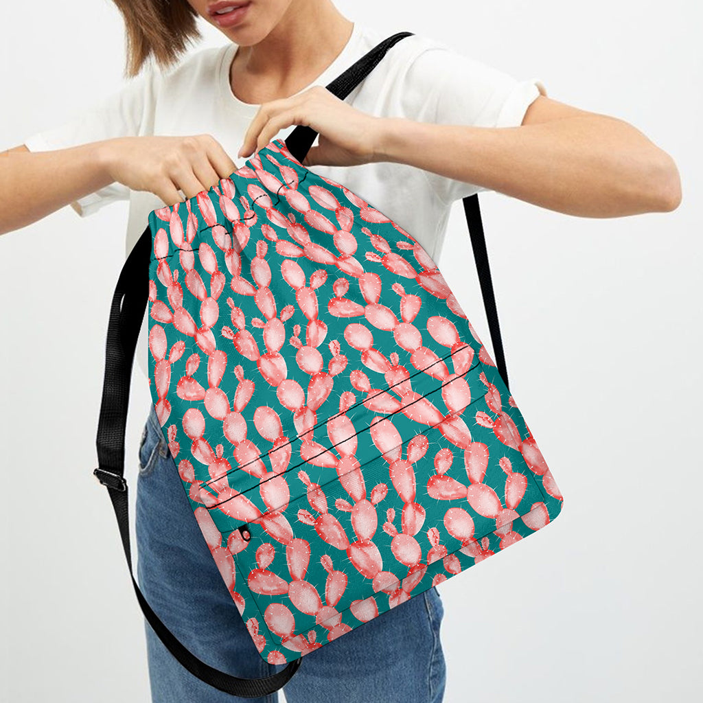 Pink Cactus Pattern Print Drawstring Backpack