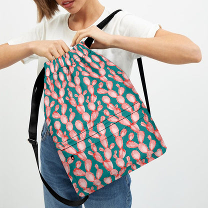 Pink Cactus Pattern Print Drawstring Backpack