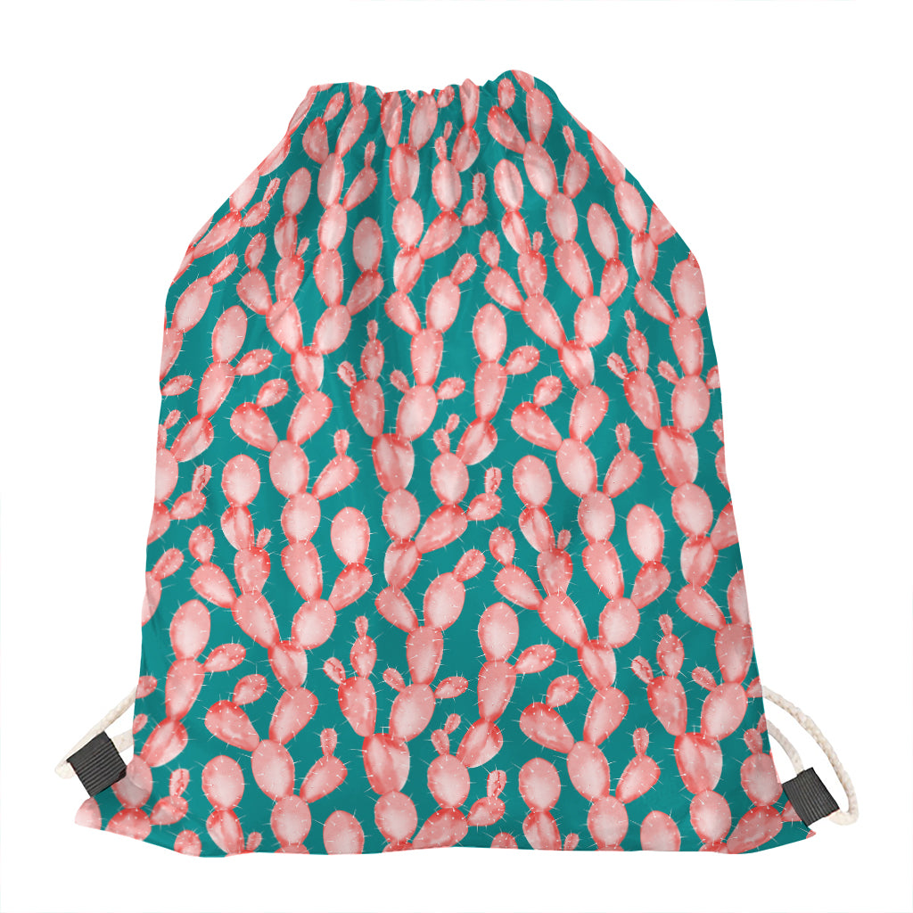 Pink Cactus Pattern Print Drawstring Bag