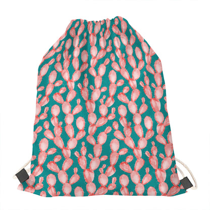 Pink Cactus Pattern Print Drawstring Bag