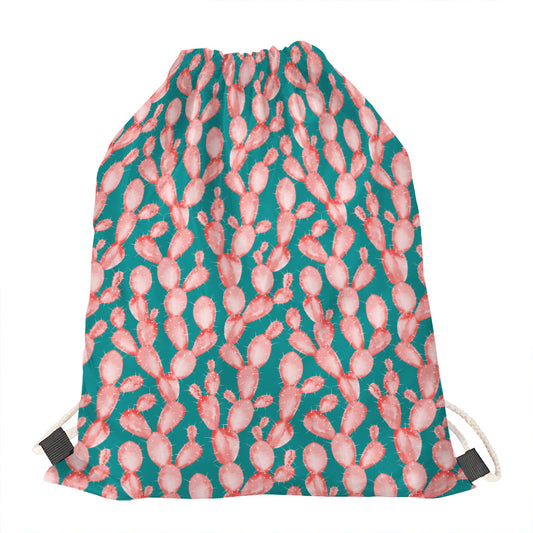 Pink Cactus Pattern Print Drawstring Bag