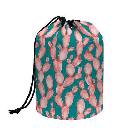 Pink Cactus Pattern Print Drawstring Makeup Bag