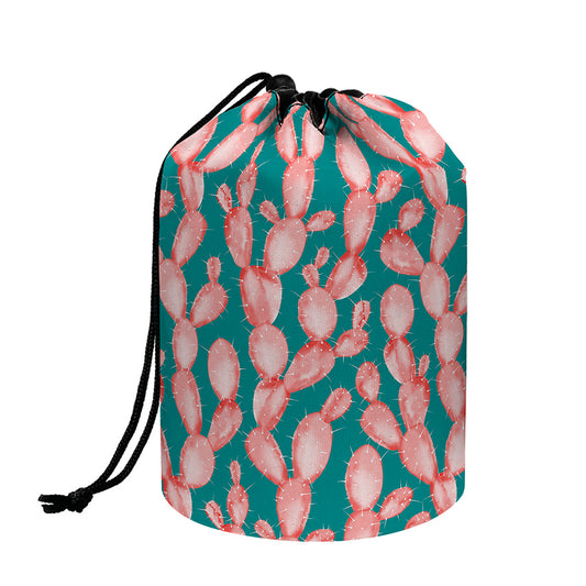 Pink Cactus Pattern Print Drawstring Makeup Bag