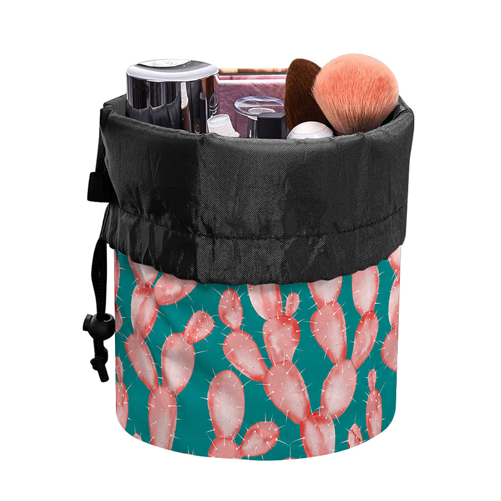 Pink Cactus Pattern Print Drawstring Makeup Bag