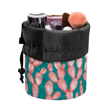 Pink Cactus Pattern Print Drawstring Makeup Bag