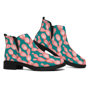 Pink Cactus Pattern Print Flat Ankle Boots