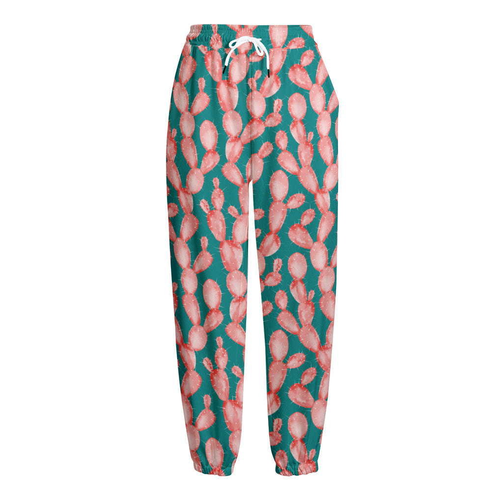 Pink Cactus Pattern Print Fleece Lined Knit Pants