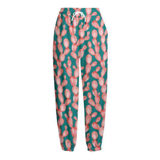 Pink Cactus Pattern Print Fleece Lined Knit Pants