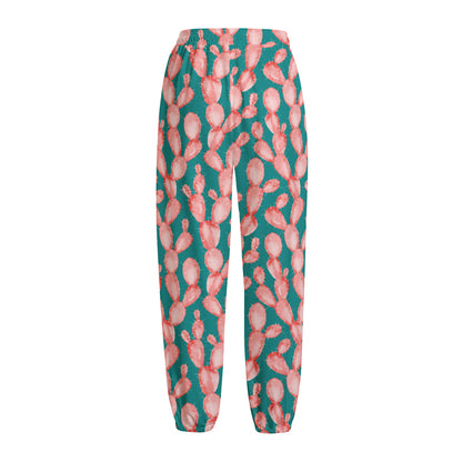 Pink Cactus Pattern Print Fleece Lined Knit Pants