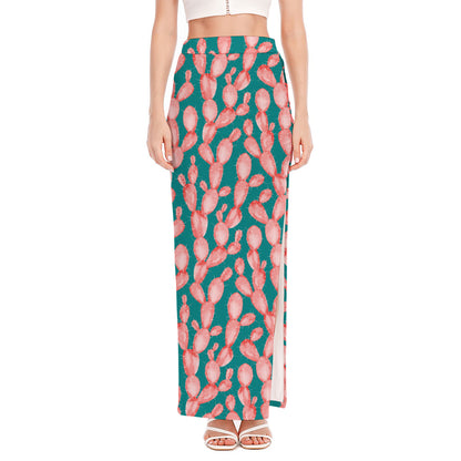 Pink Cactus Pattern Print High Slit Maxi Skirt