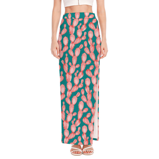 Pink Cactus Pattern Print High Slit Maxi Skirt