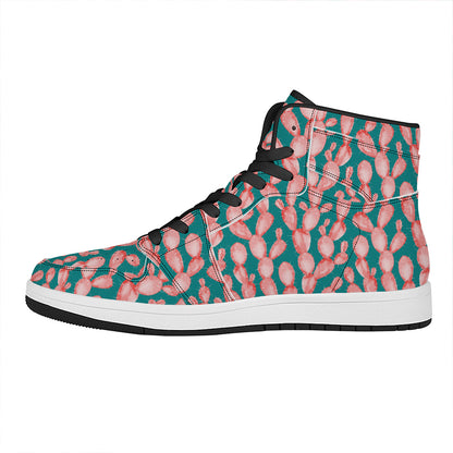 Pink Cactus Pattern Print High Top Leather Sneakers