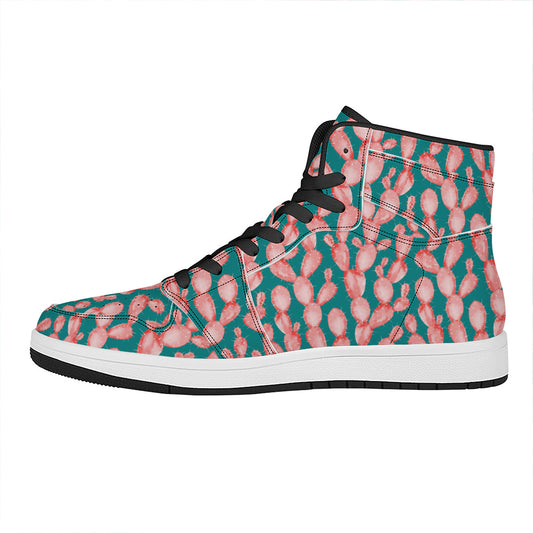 Pink Cactus Pattern Print High Top Leather Sneakers