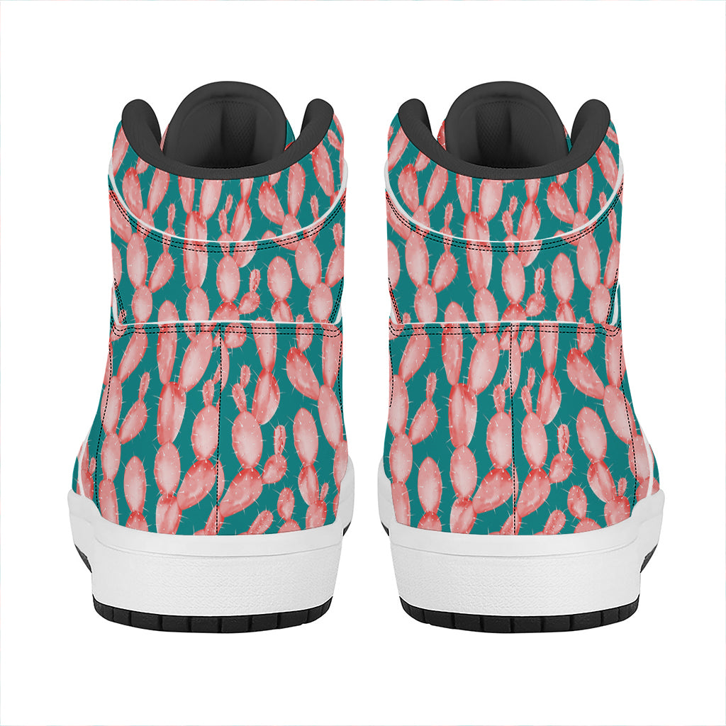 Pink Cactus Pattern Print High Top Leather Sneakers