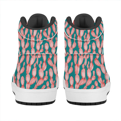 Pink Cactus Pattern Print High Top Leather Sneakers