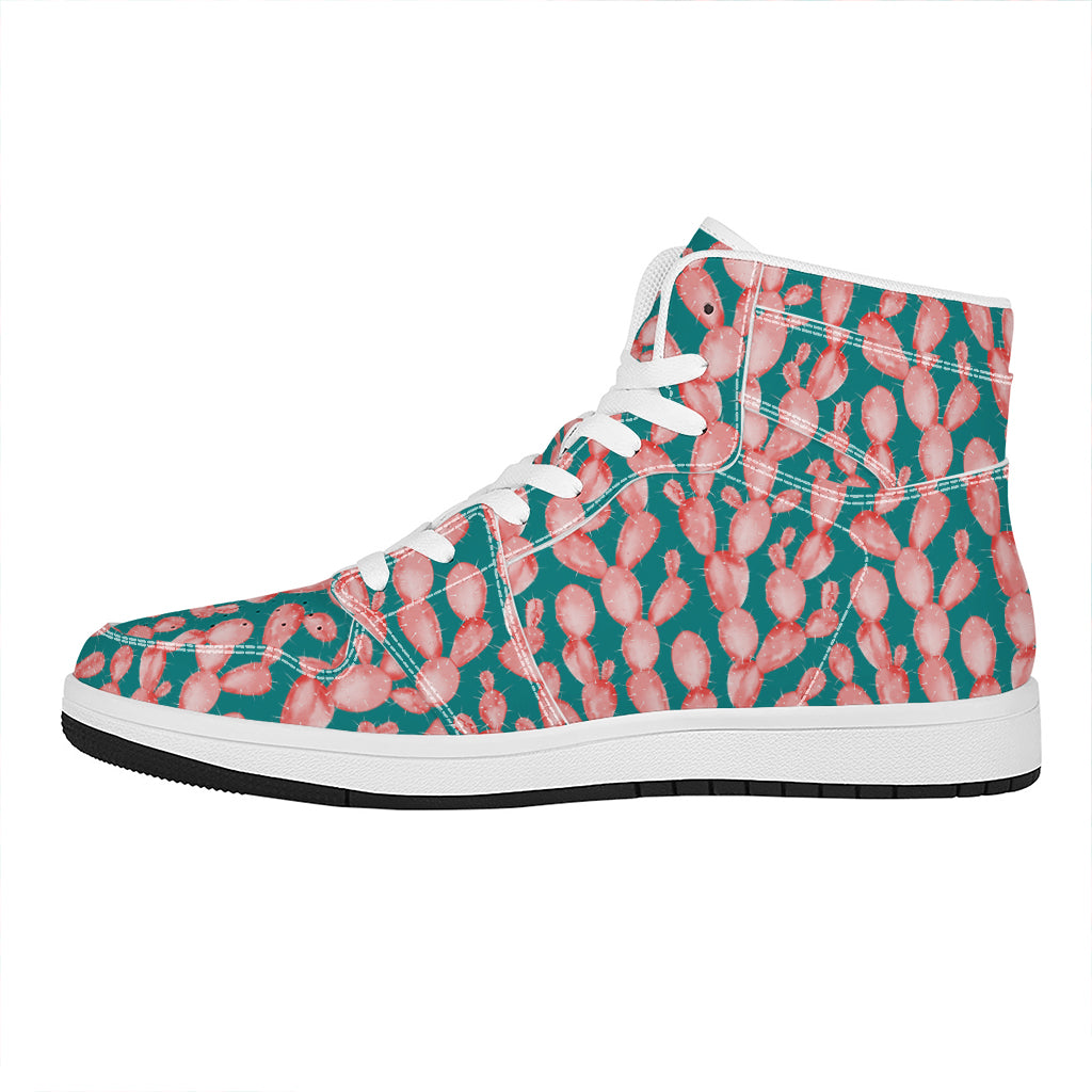 Pink Cactus Pattern Print High Top Leather Sneakers