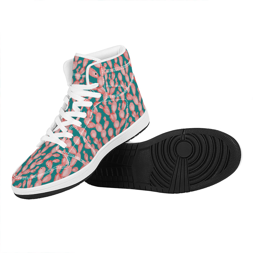 Pink Cactus Pattern Print High Top Leather Sneakers