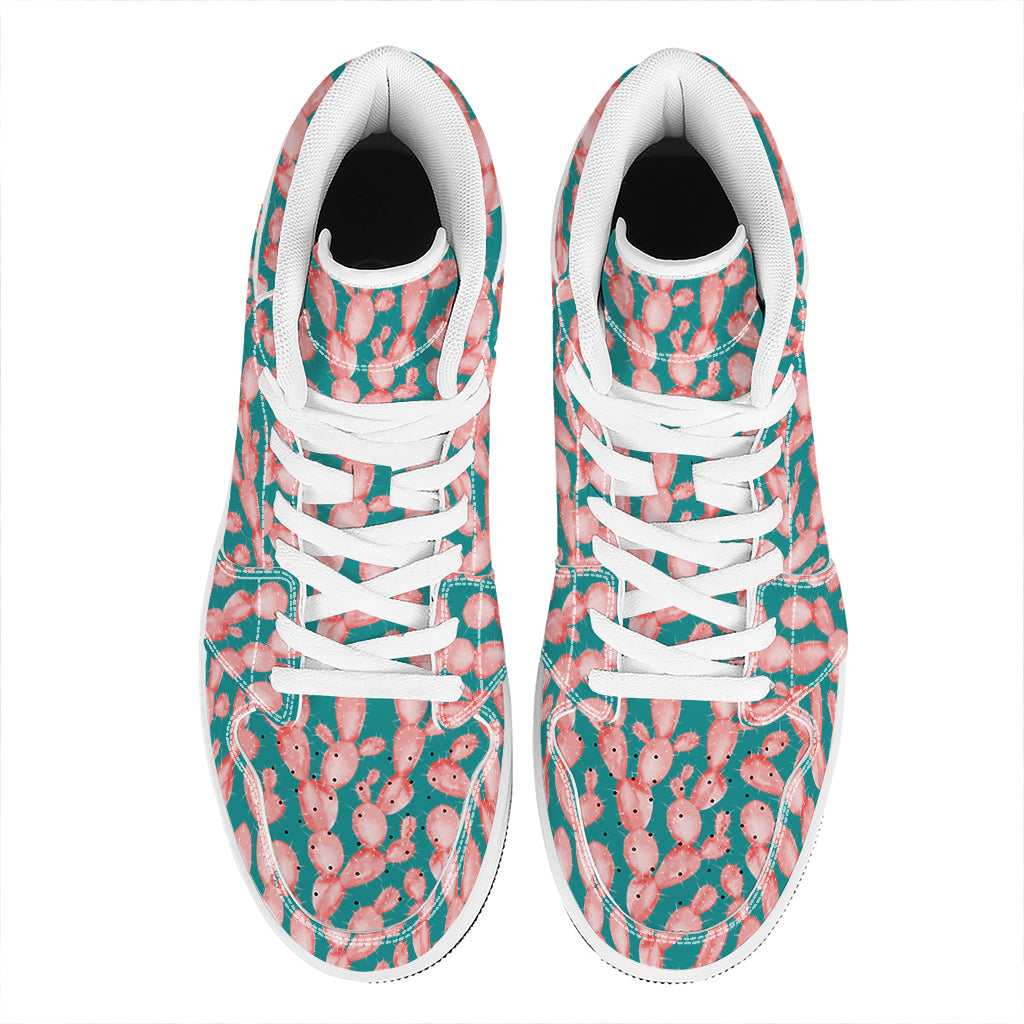Pink Cactus Pattern Print High Top Leather Sneakers