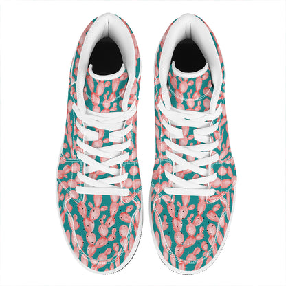 Pink Cactus Pattern Print High Top Leather Sneakers