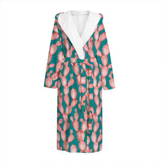 Pink Cactus Pattern Print Hooded Bathrobe