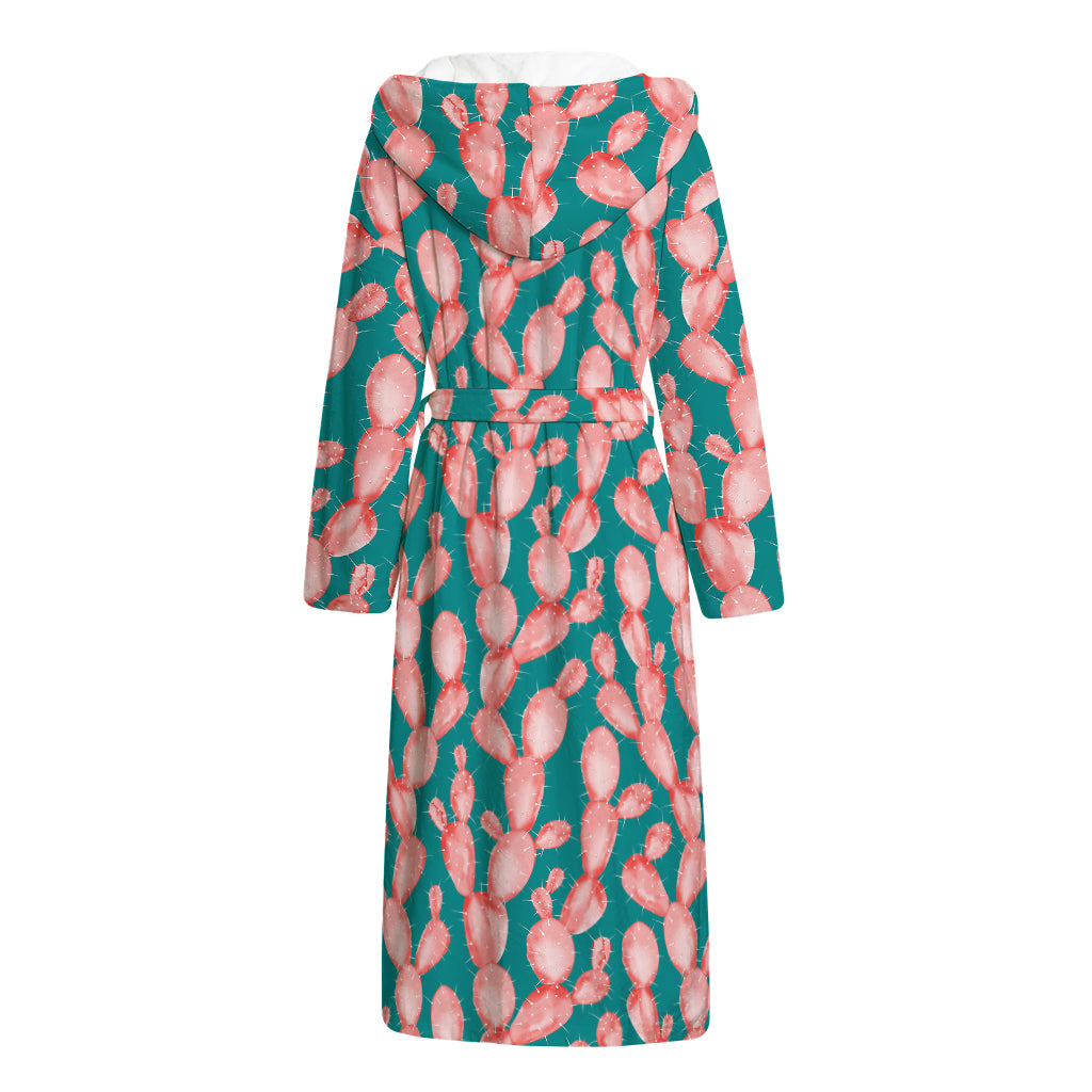 Pink Cactus Pattern Print Hooded Bathrobe