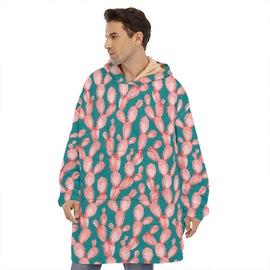 Pink Cactus Pattern Print Hoodie Blanket