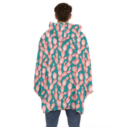 Pink Cactus Pattern Print Hoodie Blanket