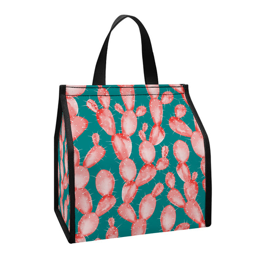 Pink Cactus Pattern Print Insulated Lunch Tote