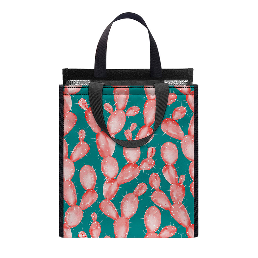 Pink Cactus Pattern Print Insulated Lunch Tote