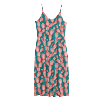Pink Cactus Pattern Print Jersey Midi Cami Dress