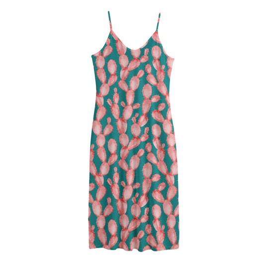 Pink Cactus Pattern Print Jersey Midi Cami Dress
