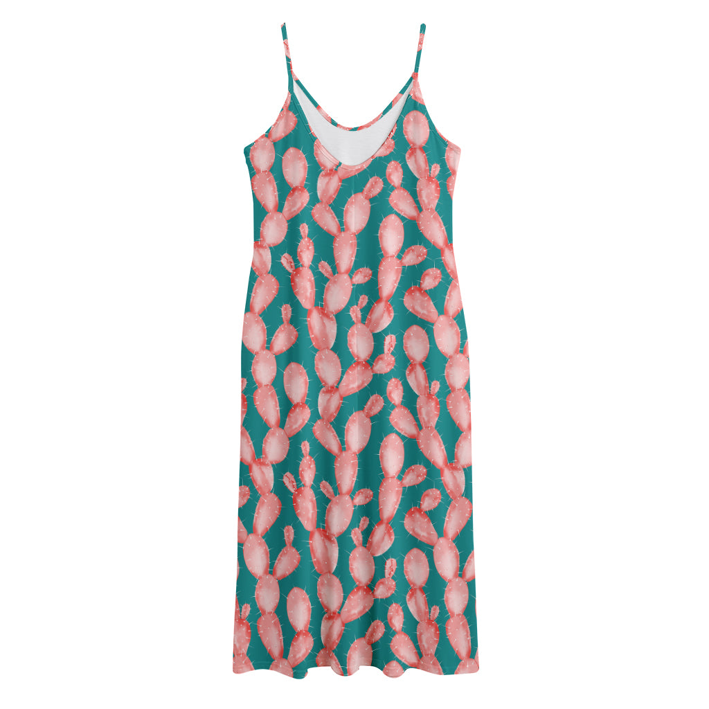 Pink Cactus Pattern Print Jersey Midi Cami Dress
