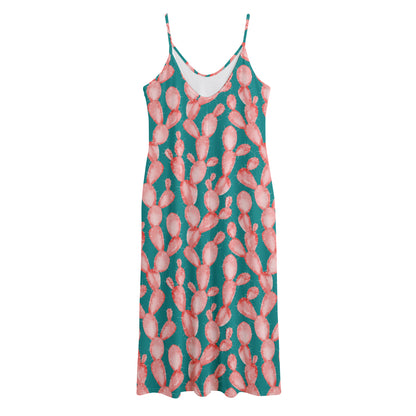 Pink Cactus Pattern Print Jersey Midi Cami Dress