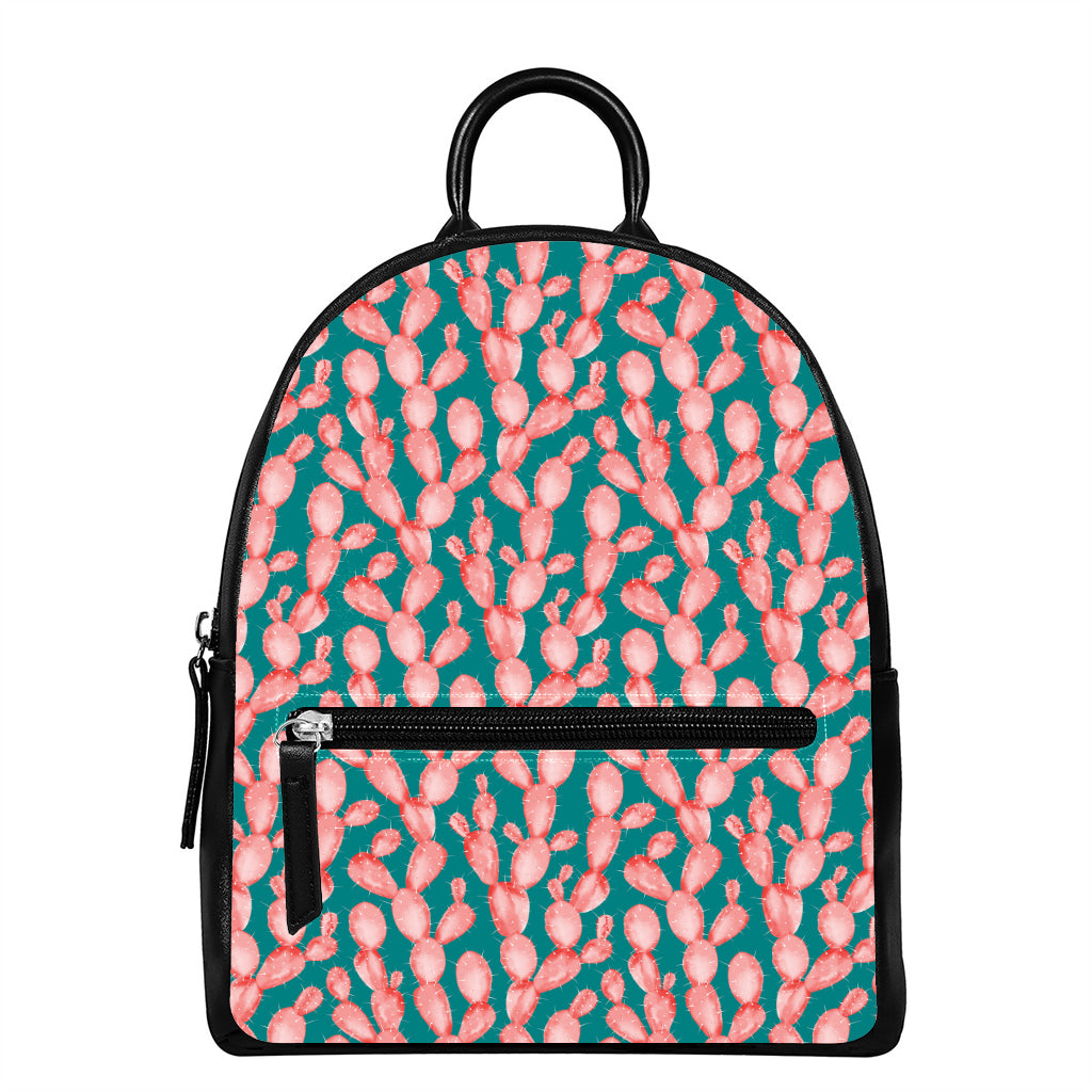 Pink Cactus Pattern Print Leather Backpack