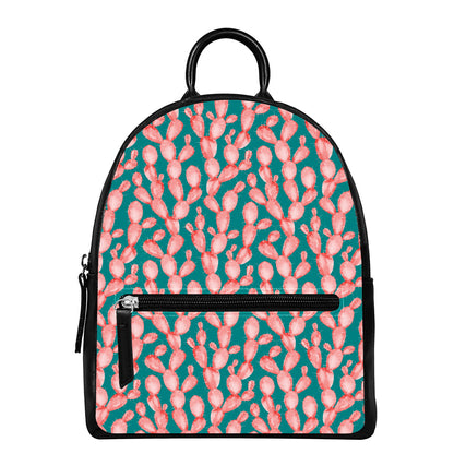 Pink Cactus Pattern Print Leather Backpack