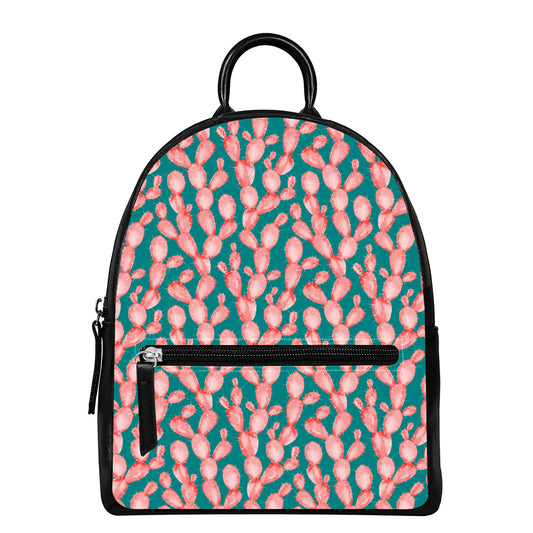 Pink Cactus Pattern Print Leather Backpack