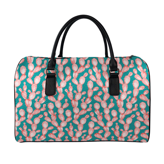 Pink Cactus Pattern Print Leather Duffle Bag