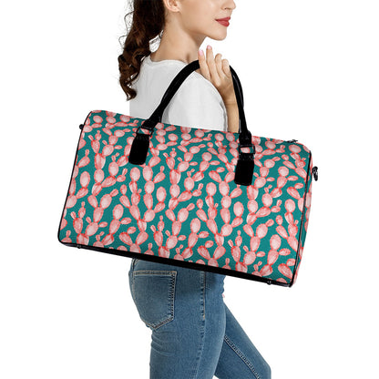 Pink Cactus Pattern Print Leather Duffle Bag