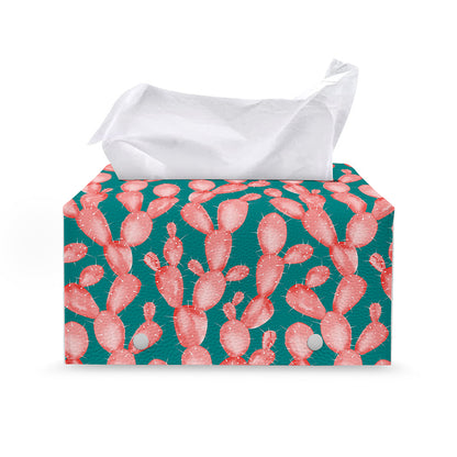 Pink Cactus Pattern Print Leather Tissue Box Cover
