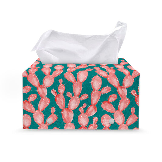 Pink Cactus Pattern Print Leather Tissue Box Cover