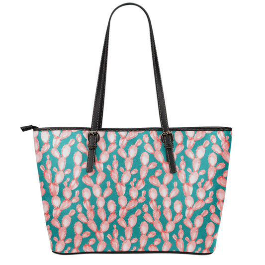 Pink Cactus Pattern Print Leather Tote Bag