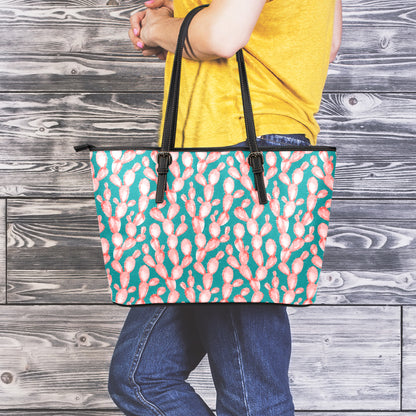 Pink Cactus Pattern Print Leather Tote Bag