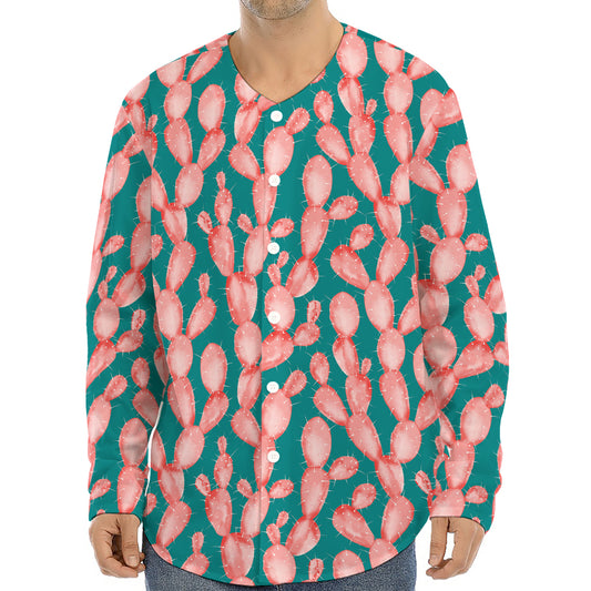 Pink Cactus Pattern Print Long Sleeve Baseball Jersey